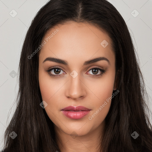 Neutral white young-adult female with long  brown hair and brown eyes