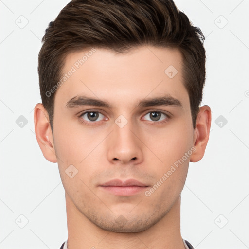 Neutral white young-adult male with short  brown hair and brown eyes