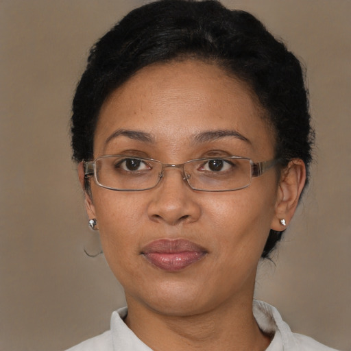 Joyful black adult female with short  brown hair and brown eyes