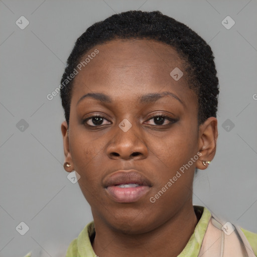 Neutral black young-adult female with short  black hair and brown eyes