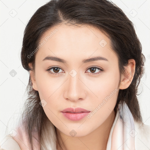 Neutral white young-adult female with medium  brown hair and brown eyes