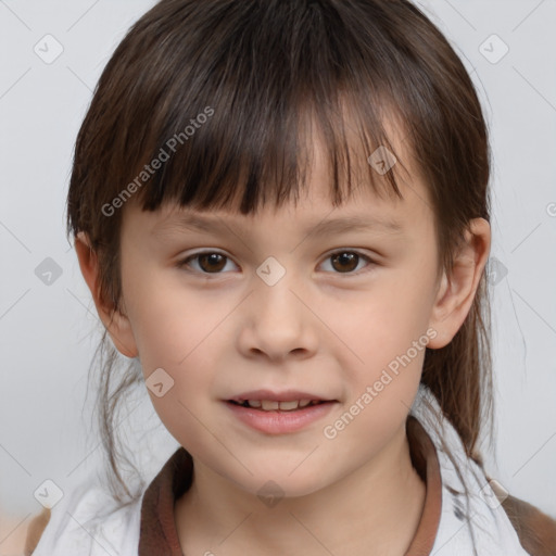 Joyful white child female with medium  brown hair and brown eyes