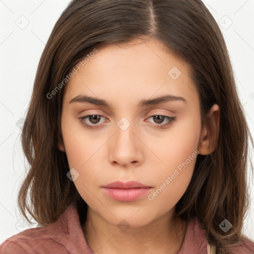 Neutral white young-adult female with long  brown hair and brown eyes