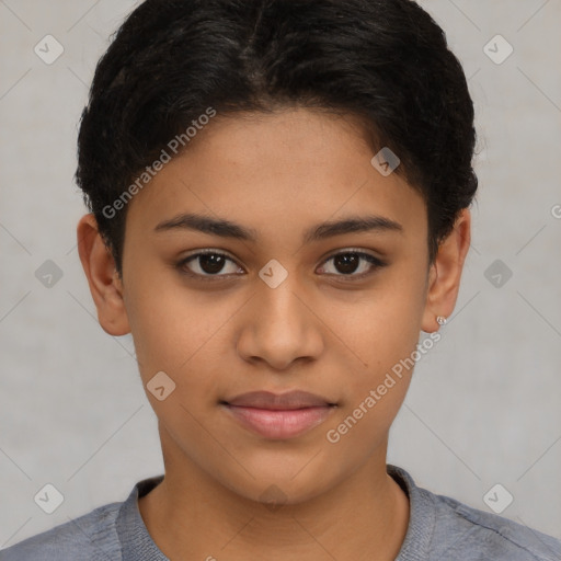 Joyful latino young-adult female with short  brown hair and brown eyes