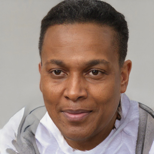 Joyful black adult male with short  brown hair and brown eyes