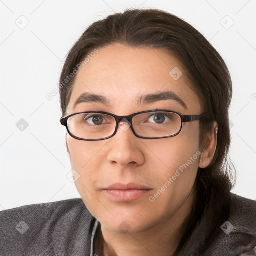 Neutral white young-adult female with medium  brown hair and brown eyes