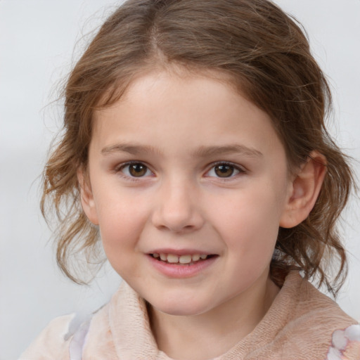 Joyful white child female with medium  brown hair and brown eyes