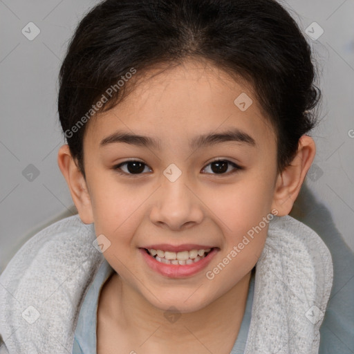 Joyful white child female with short  brown hair and brown eyes