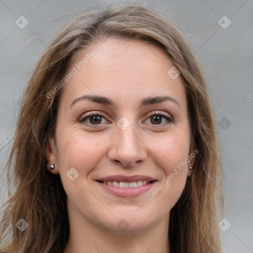 Joyful white young-adult female with long  brown hair and grey eyes