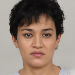 Neutral asian young-adult female with short  brown hair and brown eyes