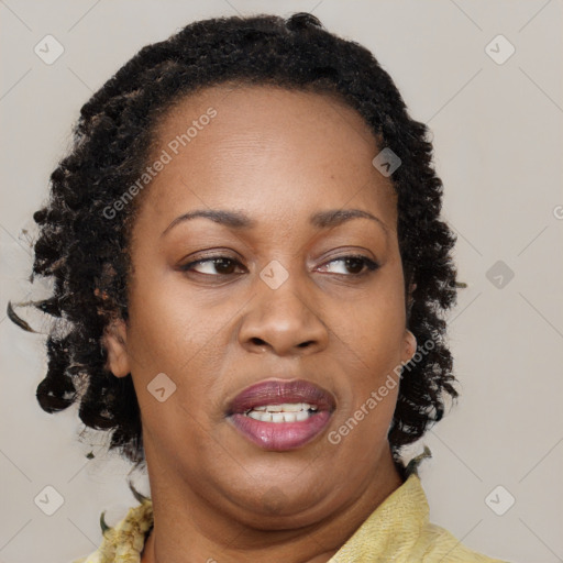 Joyful black adult female with medium  brown hair and brown eyes