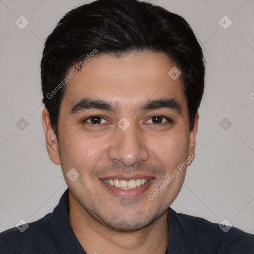 Joyful white young-adult male with short  black hair and brown eyes