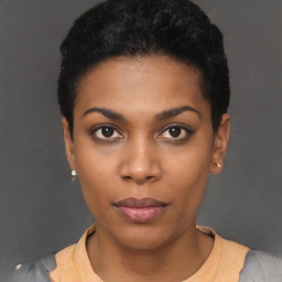 Neutral black young-adult female with short  black hair and brown eyes