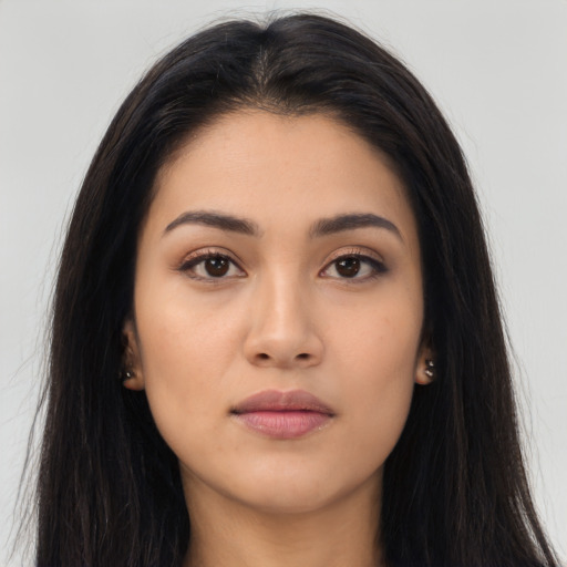 Neutral asian young-adult female with long  black hair and brown eyes