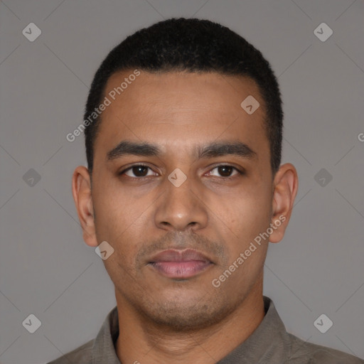 Neutral latino young-adult male with short  black hair and brown eyes