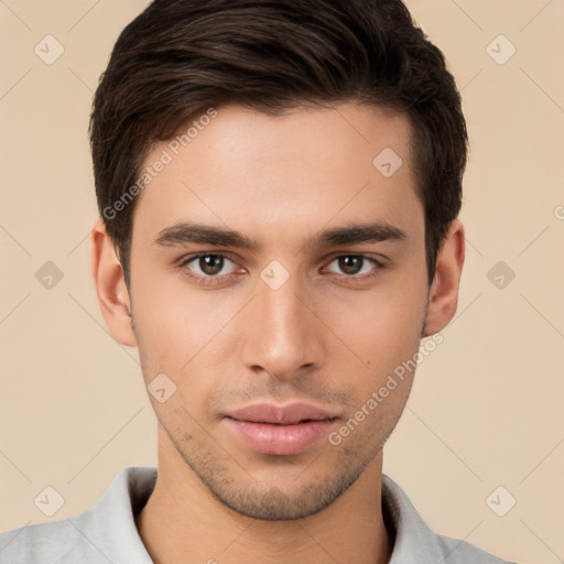 Neutral white young-adult male with short  brown hair and brown eyes