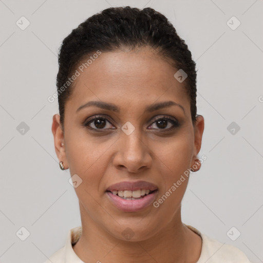 Joyful latino young-adult female with short  brown hair and brown eyes