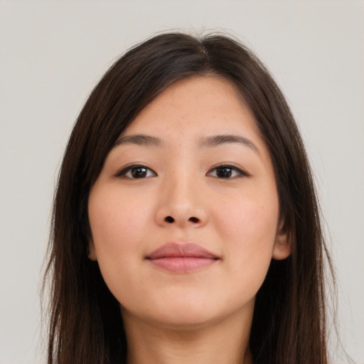 Neutral asian young-adult female with long  brown hair and brown eyes