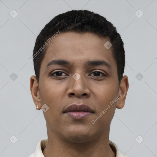 Neutral latino young-adult male with short  brown hair and brown eyes