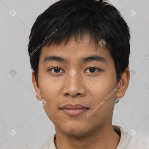 Neutral asian young-adult male with short  black hair and brown eyes