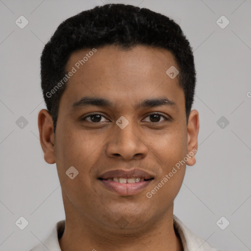 Joyful latino young-adult male with short  brown hair and brown eyes