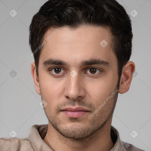 Neutral white young-adult male with short  brown hair and brown eyes