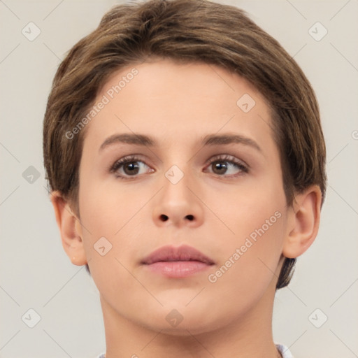 Neutral white young-adult female with short  brown hair and brown eyes