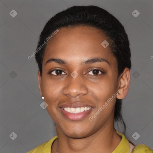 Joyful latino young-adult female with short  black hair and brown eyes