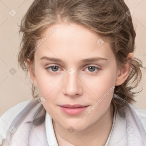 Joyful white child female with medium  brown hair and brown eyes