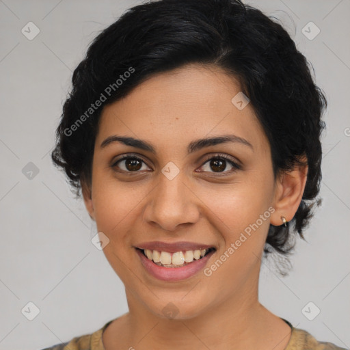 Joyful latino young-adult female with medium  brown hair and brown eyes