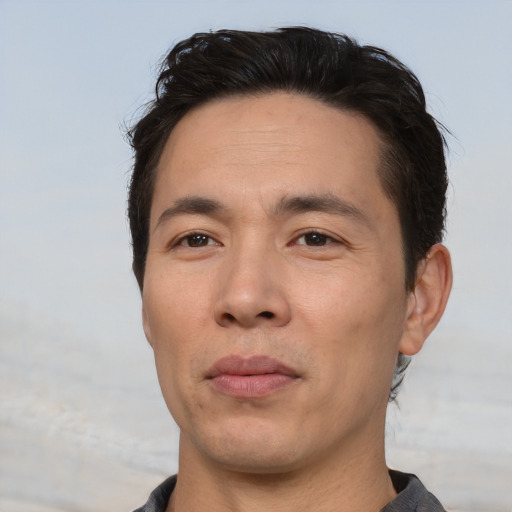 Neutral asian adult male with short  brown hair and brown eyes