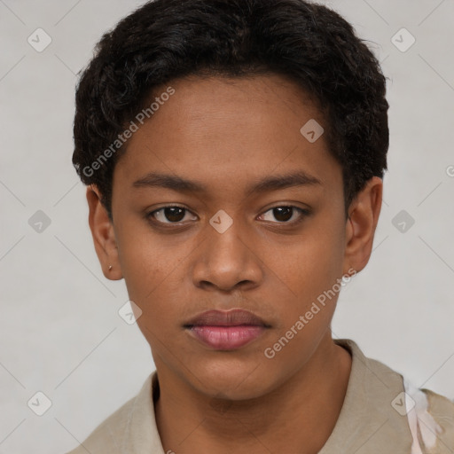Neutral black young-adult female with short  brown hair and brown eyes