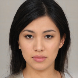 Neutral asian young-adult female with medium  brown hair and brown eyes