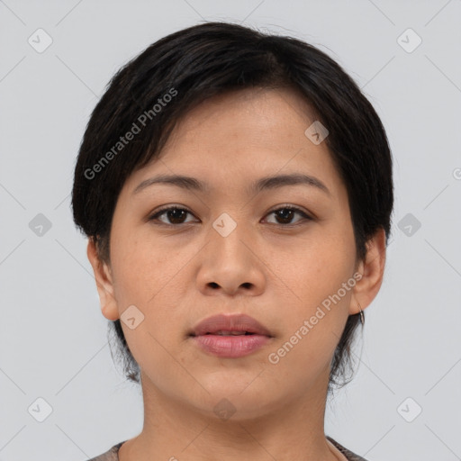 Neutral asian young-adult female with medium  black hair and brown eyes