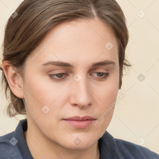 Neutral white young-adult female with medium  brown hair and blue eyes