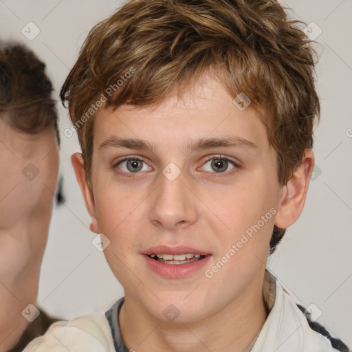 Joyful white young-adult male with medium  brown hair and brown eyes