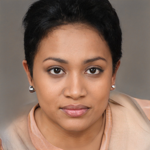 Joyful latino young-adult female with short  brown hair and brown eyes