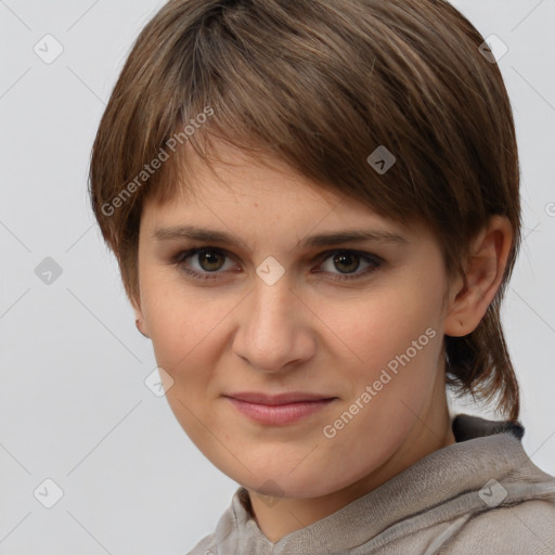 Joyful white young-adult female with medium  brown hair and grey eyes