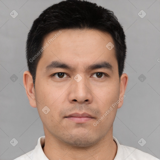 Neutral asian young-adult male with short  black hair and brown eyes