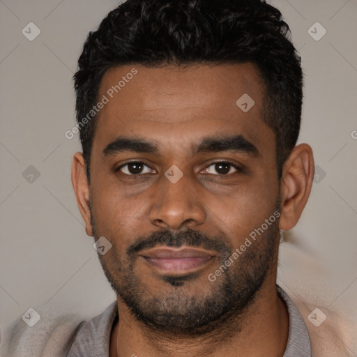 Joyful latino young-adult male with short  black hair and brown eyes
