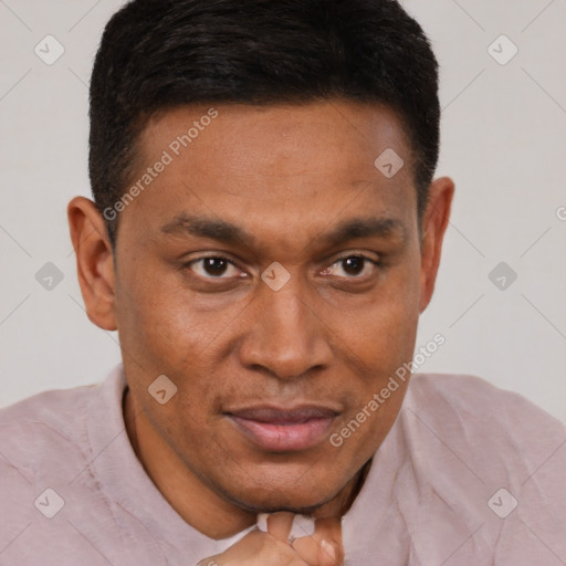 Joyful black young-adult male with short  brown hair and brown eyes