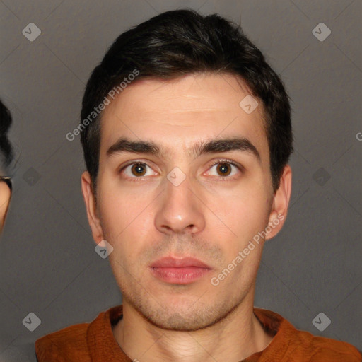 Neutral white young-adult male with short  brown hair and brown eyes