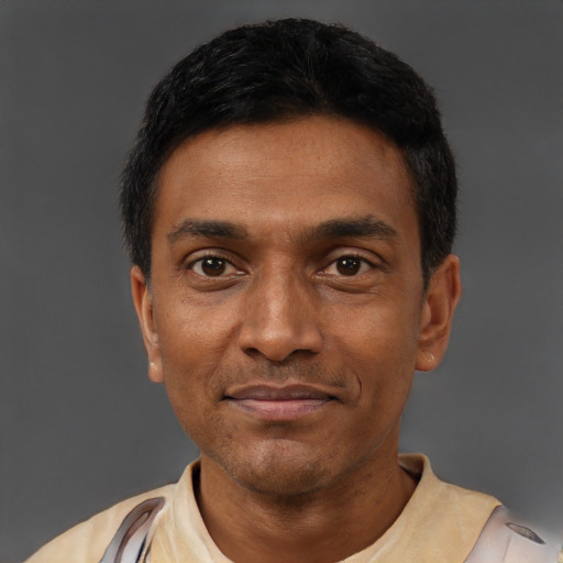 Joyful latino adult male with short  black hair and brown eyes