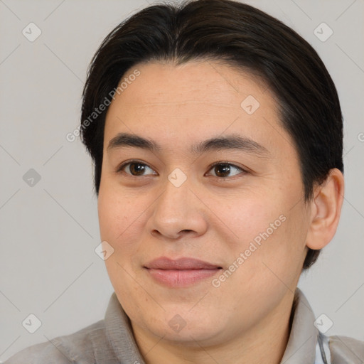 Joyful white young-adult male with medium  brown hair and brown eyes