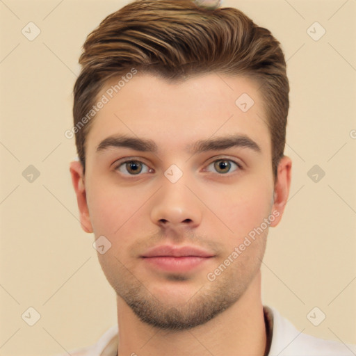 Neutral white young-adult male with short  brown hair and brown eyes