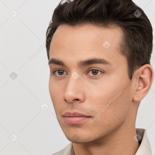 Neutral white young-adult male with short  brown hair and brown eyes