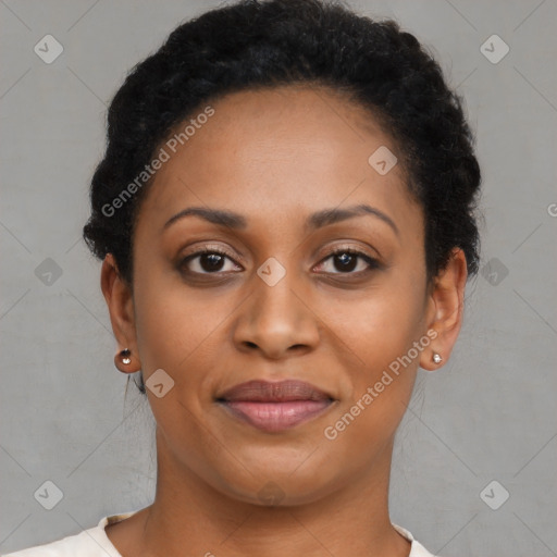 Joyful black young-adult female with short  brown hair and brown eyes