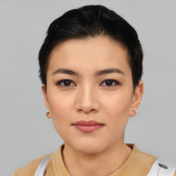 Joyful asian young-adult female with short  black hair and brown eyes