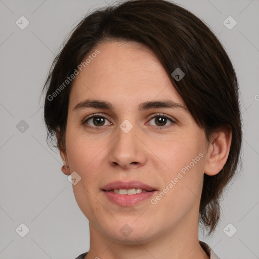 Joyful white young-adult female with medium  brown hair and brown eyes