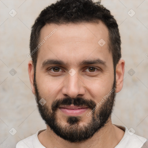 Neutral white young-adult male with short  black hair and brown eyes